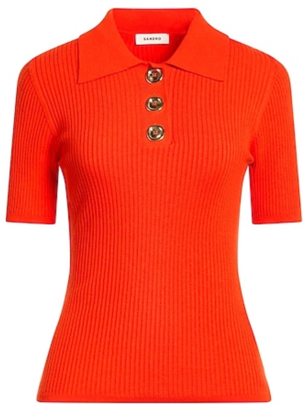 Sandro Bright Orange Polo Sweater with Gold Button Placket, Size Medium, EUC